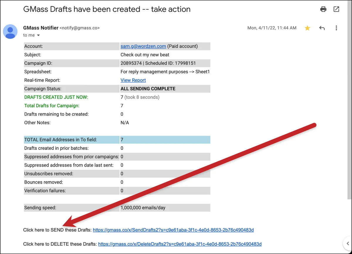 GMass's email to send your drafts