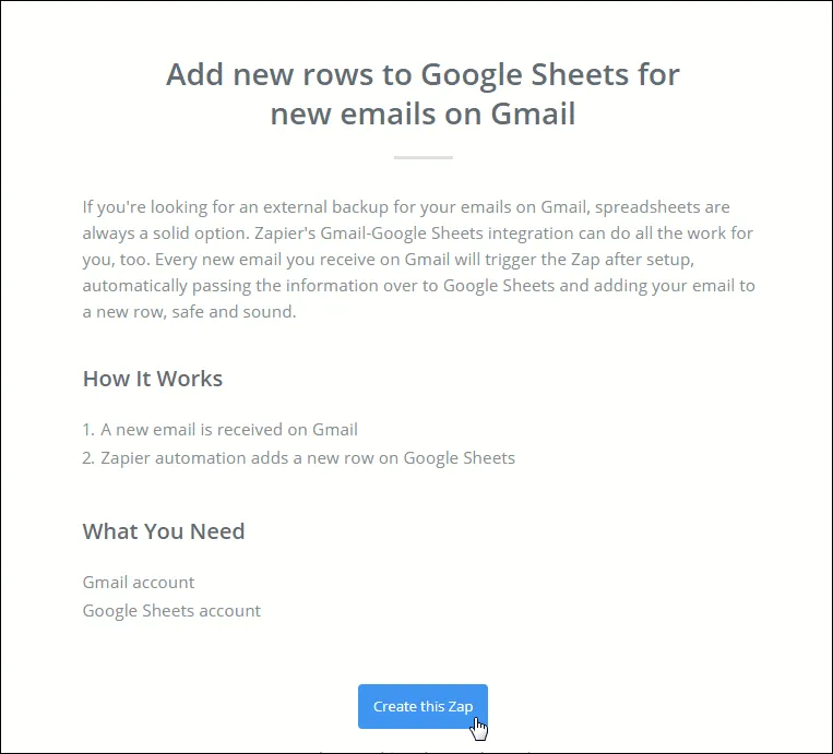 Zapier page for agreeing to create your zap.