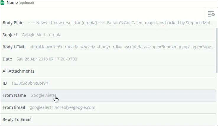 Showing name field in the Zapier screen.