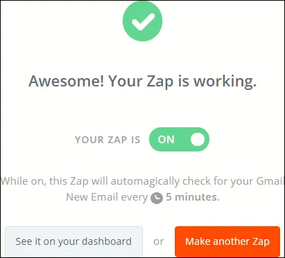 Zapier page telling you your zap is working.