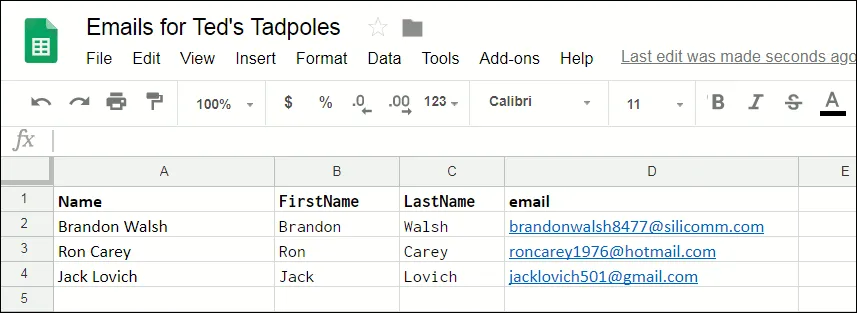 Showing Google Sheets spreadsheet with a new row added.