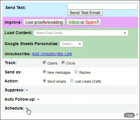 Showing the GMass Settings window, hovering over Schedule option.