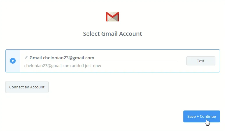 Zapier window confirming Gmail account.
