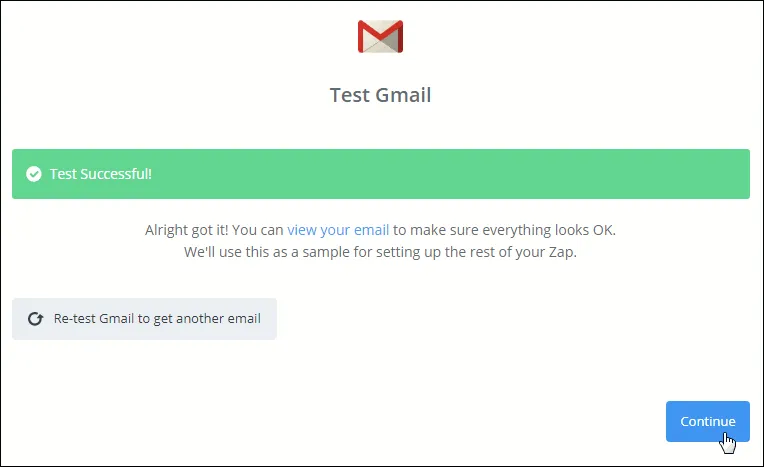 Zapier window announcing that the Gmail test has been a success.