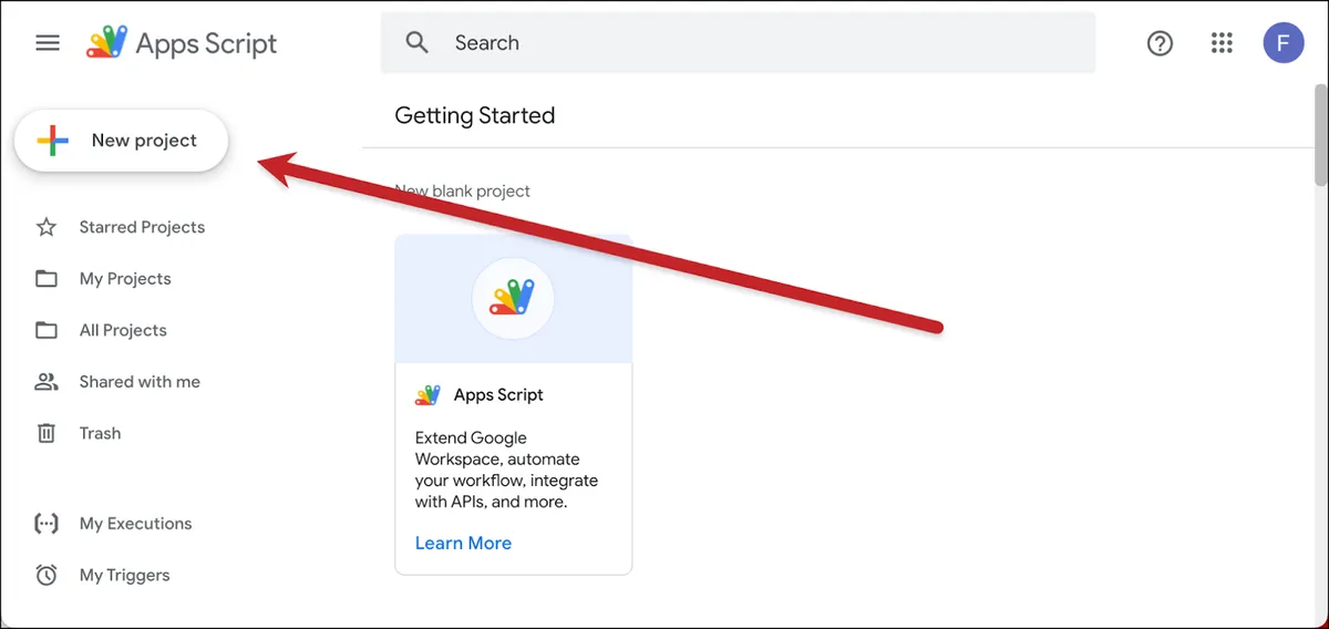 Start a new project in Google Apps Script