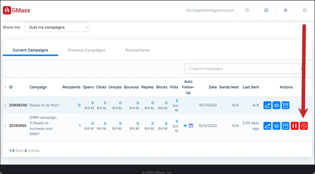 Cancel a campaign from the dashboard