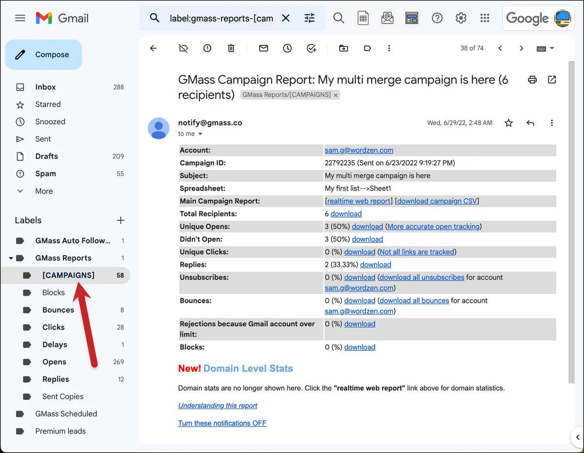 Email reports from GMass