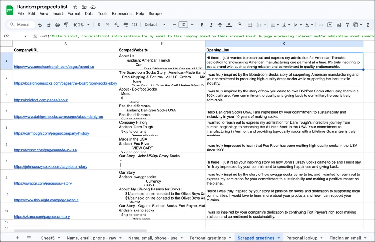 Writing opening lines based off scraped websites