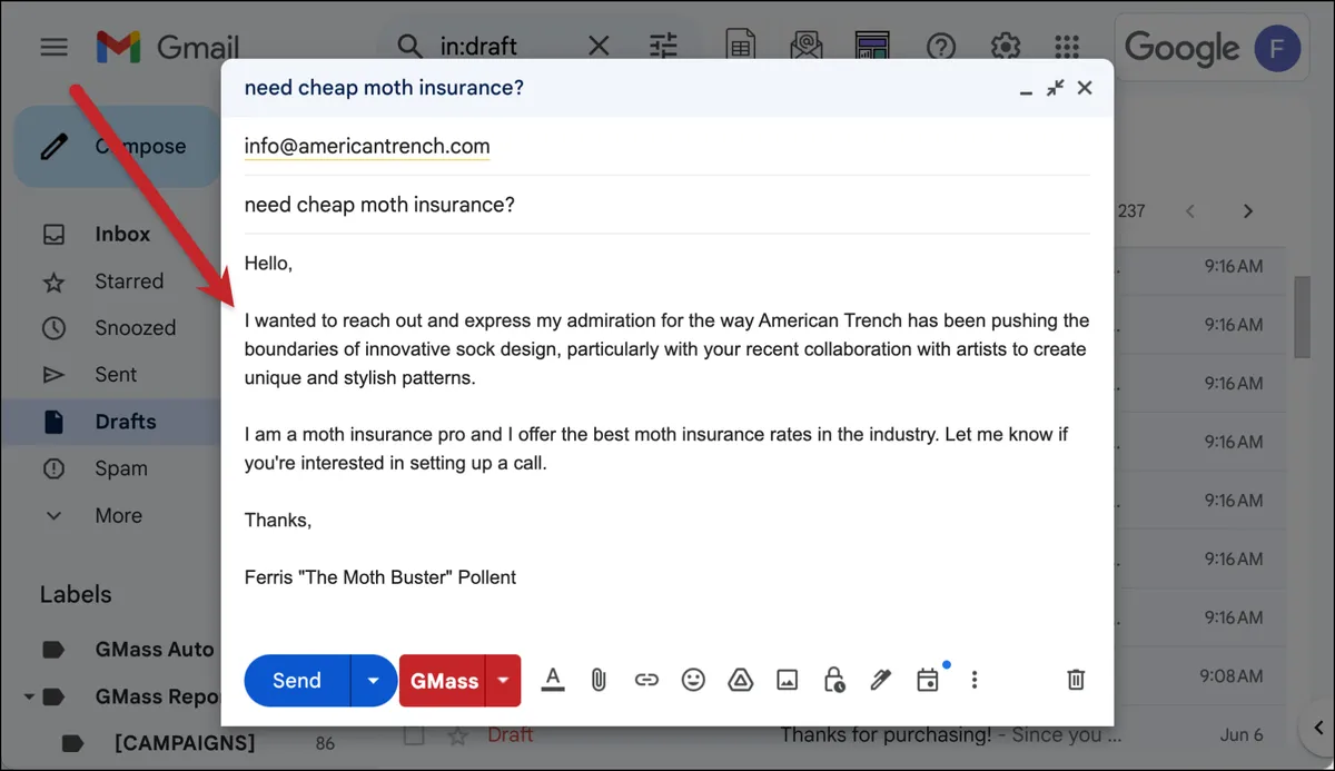 How the email looks in Gmail drafts