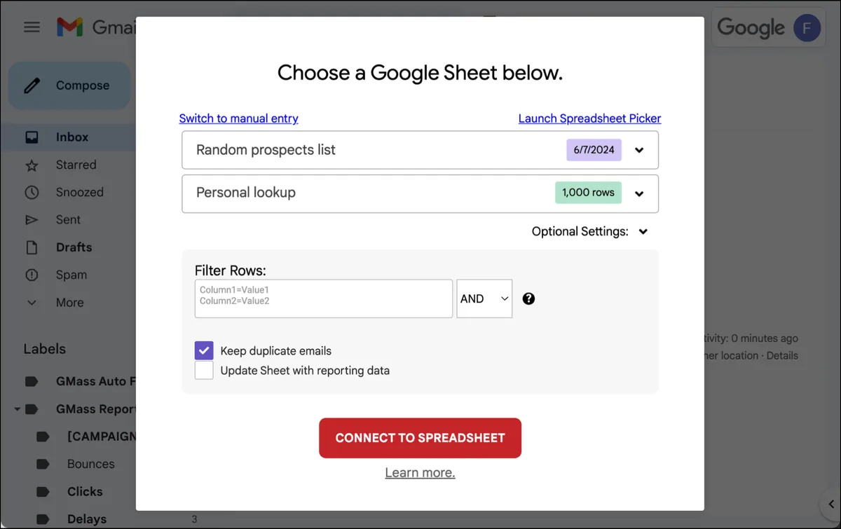 Connecting the Google Sheet of openers to a GMass campaign