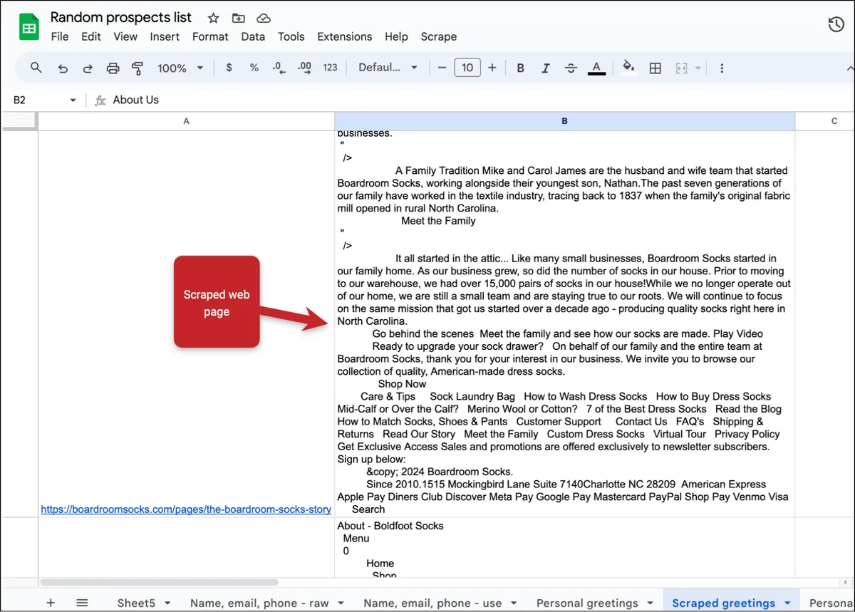 Scraped web page results in Google Sheets