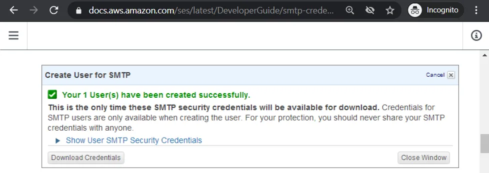 Interface to view newly created SMTP Credentials