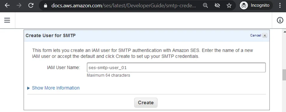 Amazon SES SMTP Credentials create user interface