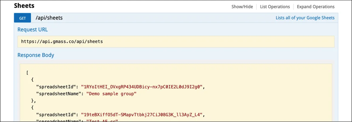 Using the /api/sheets endpoint to bring up the list of Google Sheets