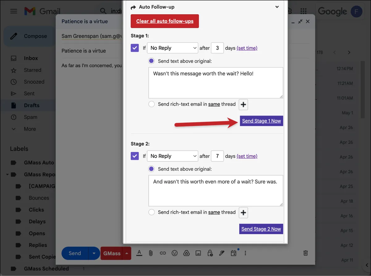 The Send Stage Now button