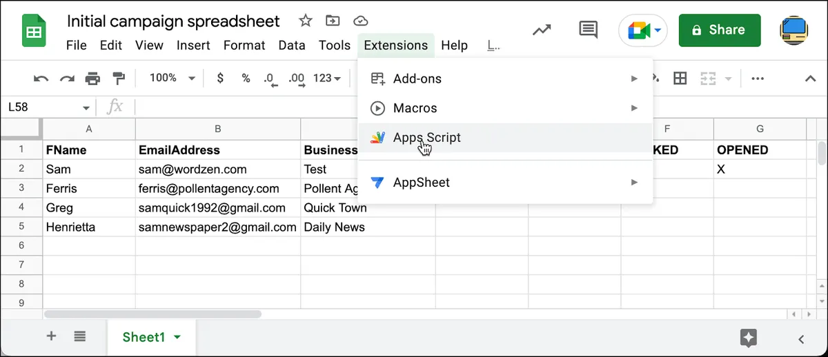 Open the Apps Script menu