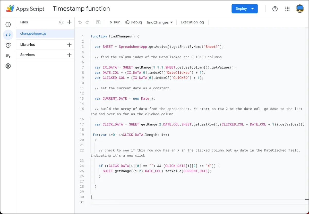 The new script inside Google Apps Script