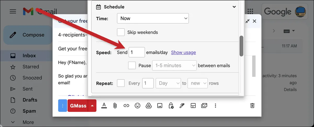 Set speed to 1, yes 1, emails per day (for now)
