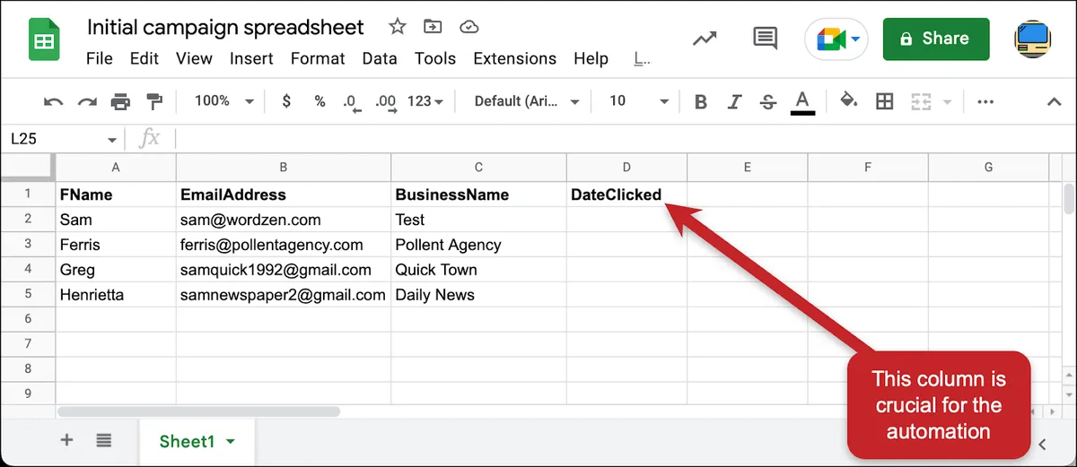 Add a DateClicked column to the Google Sheet