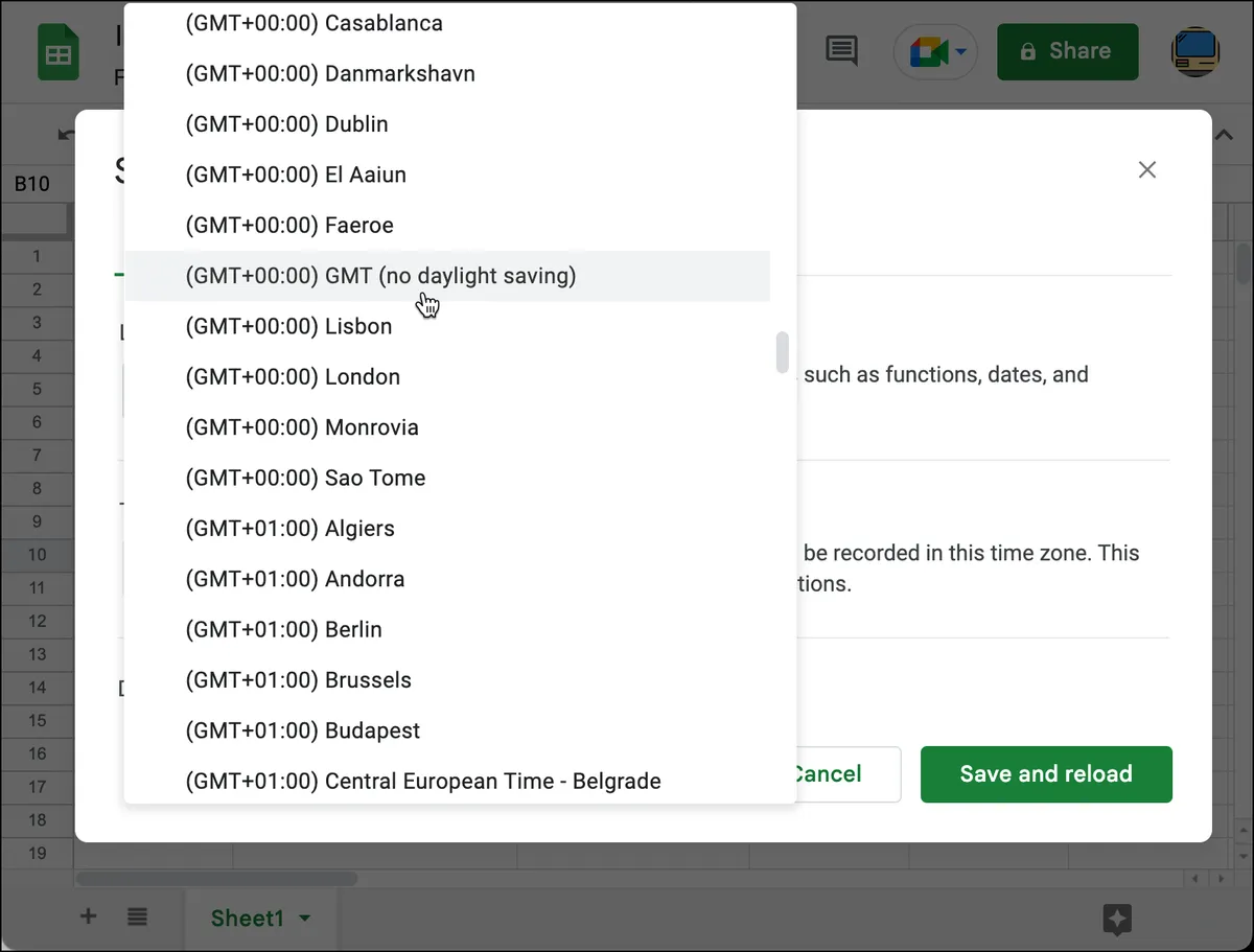 Set your Sheet's timezone to GMT