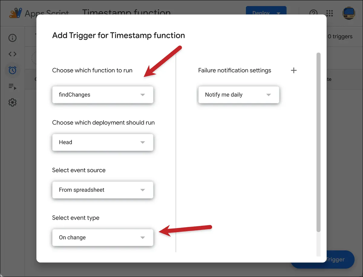 Trigger settings for the function