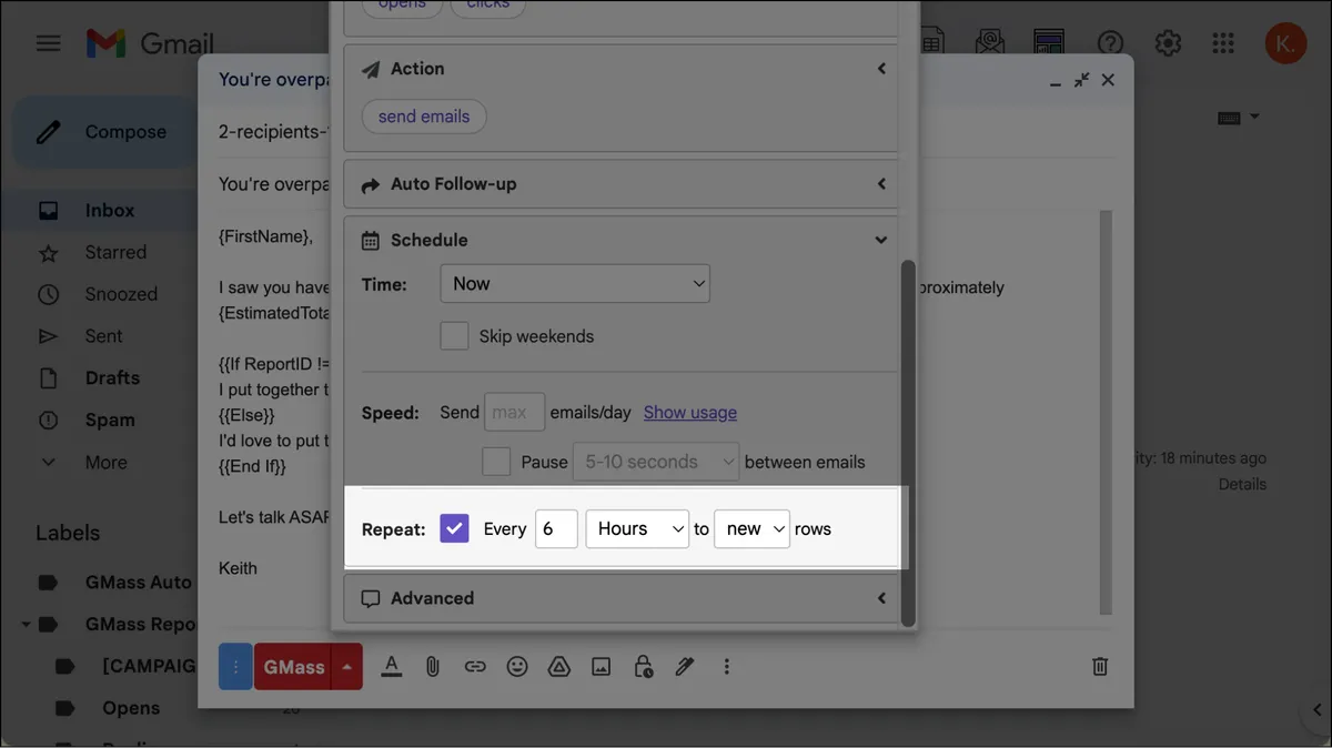 Set up recurrence in GMass settings