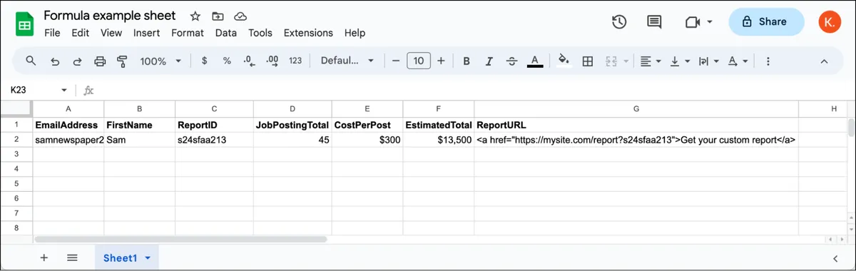 Google Sheets automatically applies the formula to a new row