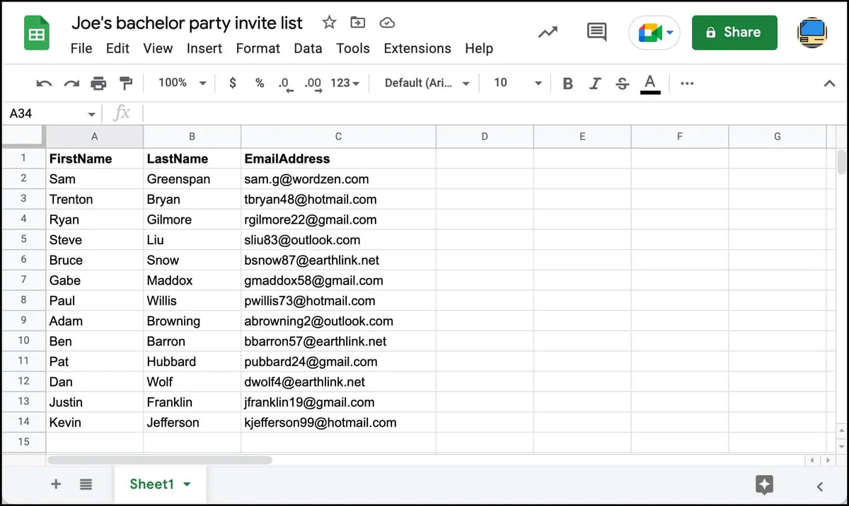Bachelor party invitation Google Sheet organization