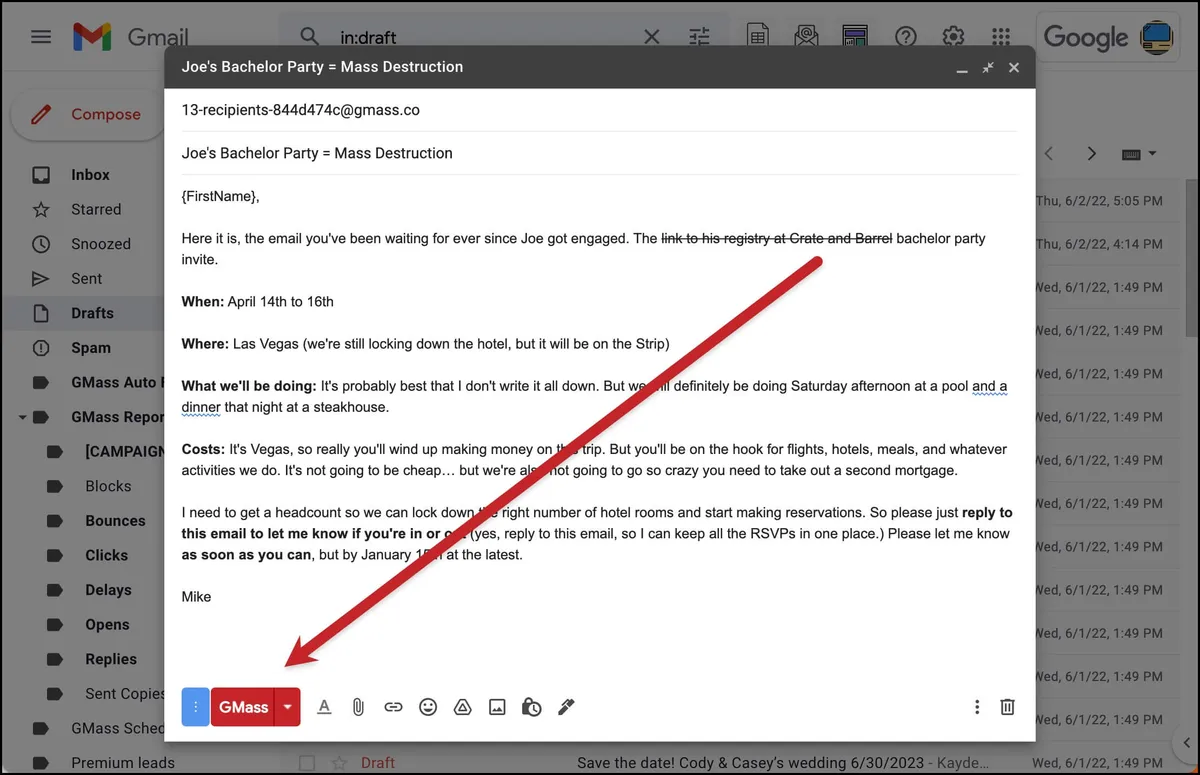Send your bachelor party invitations by pressing the GMass button