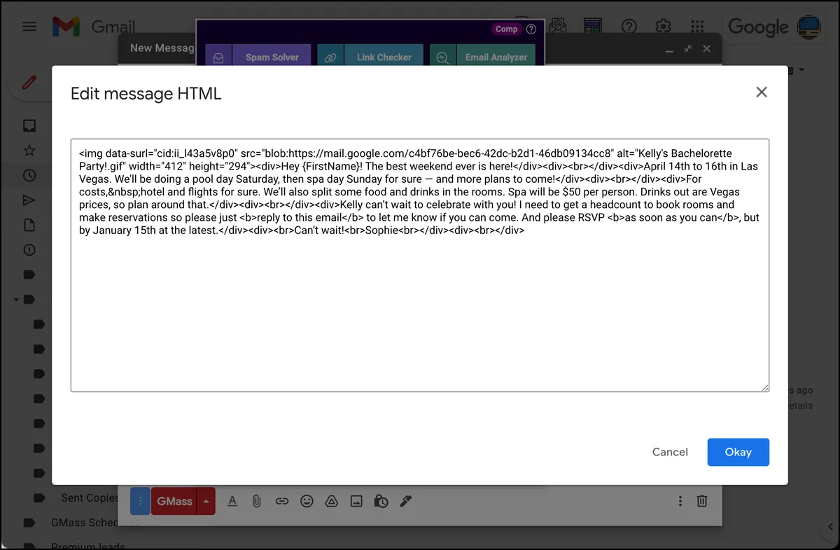 The HTML code of the email