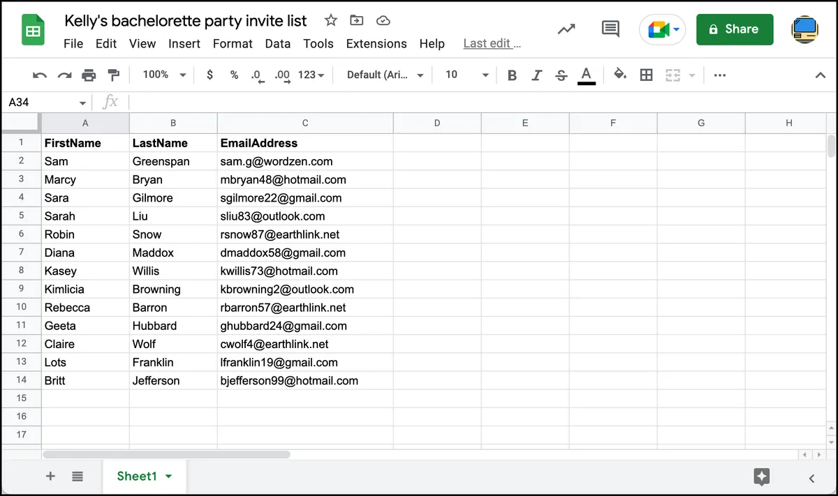 Google Sheet for bachelorette party invitations