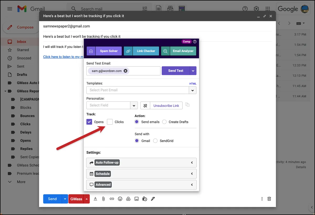 Turning off click tracking for a campaign