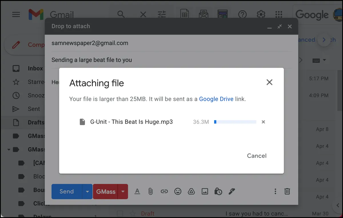 Gmail puts a large file into Google Drive