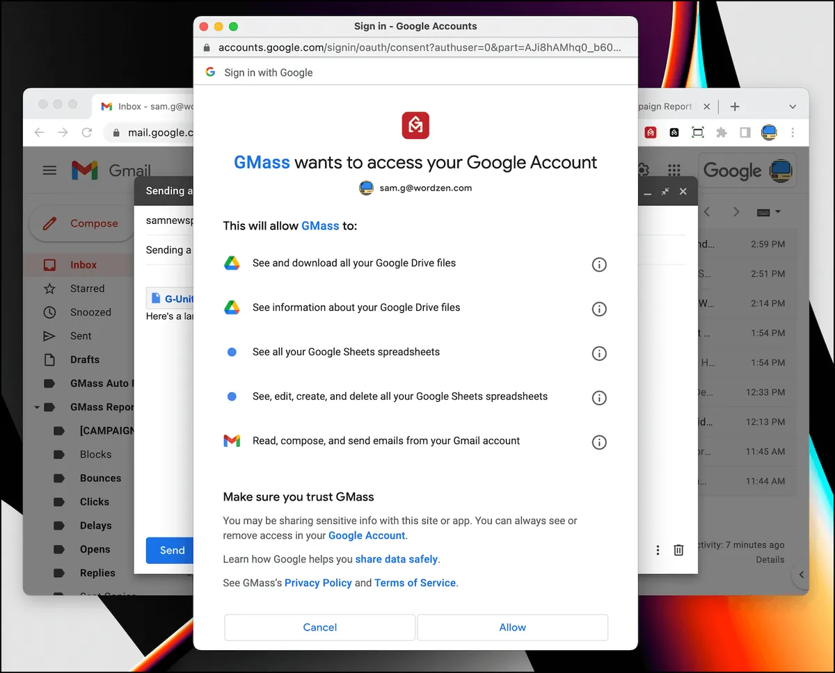 Giving GMass Google Drive permissions