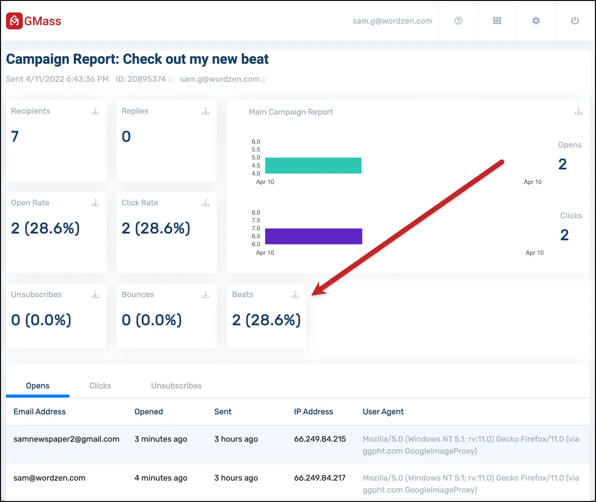 See beats in the web-based report as well