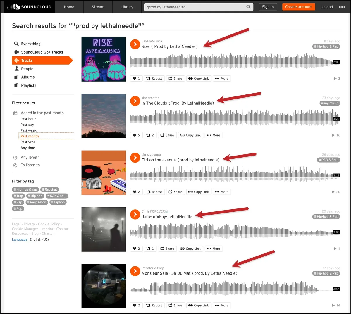 Searching for tracks produced by that producer on SoundCloud