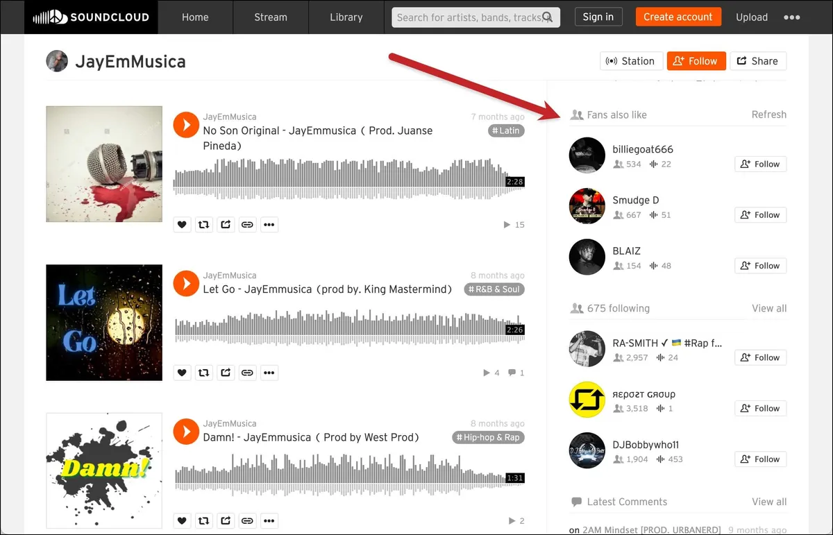 Searching the "fans also like" section of SoundCloud