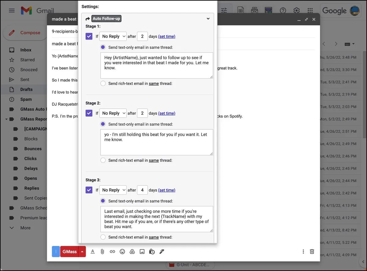 Auto follow-up to beats marketing cold email