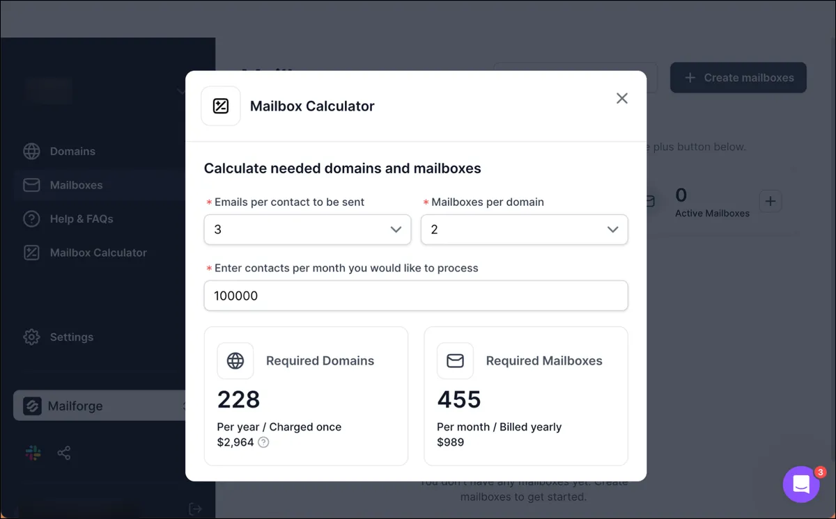 Mailbox calculator in Mailforge