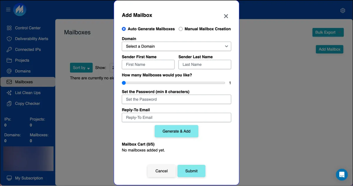 Mission Inbox's add mailbox popup