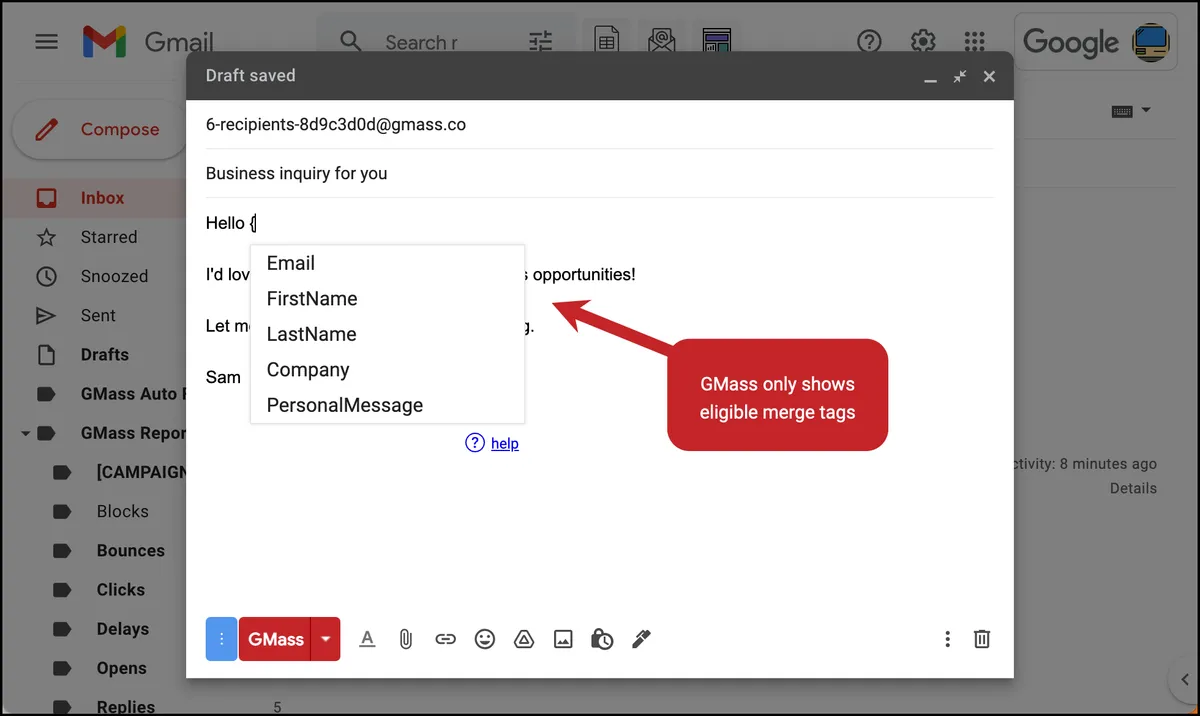 Eligible merge tags pop up in GMass