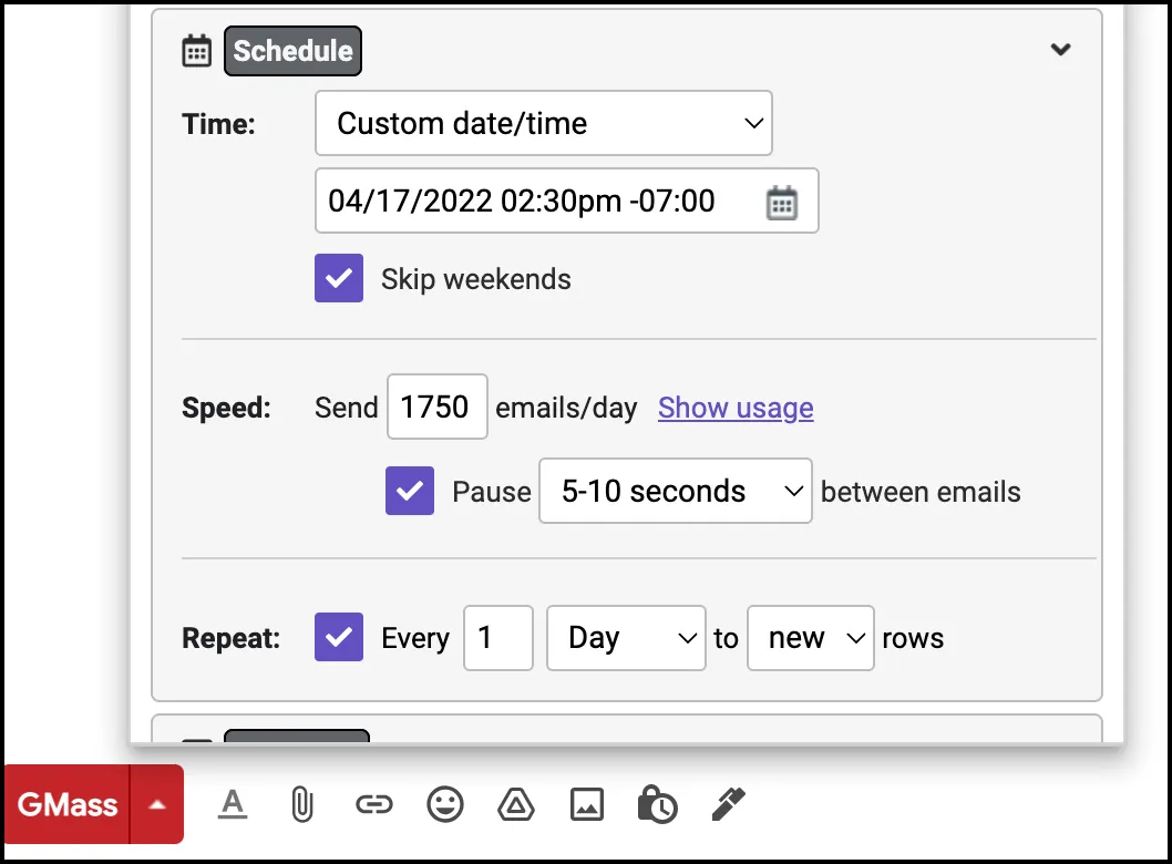 GMass control over sending time