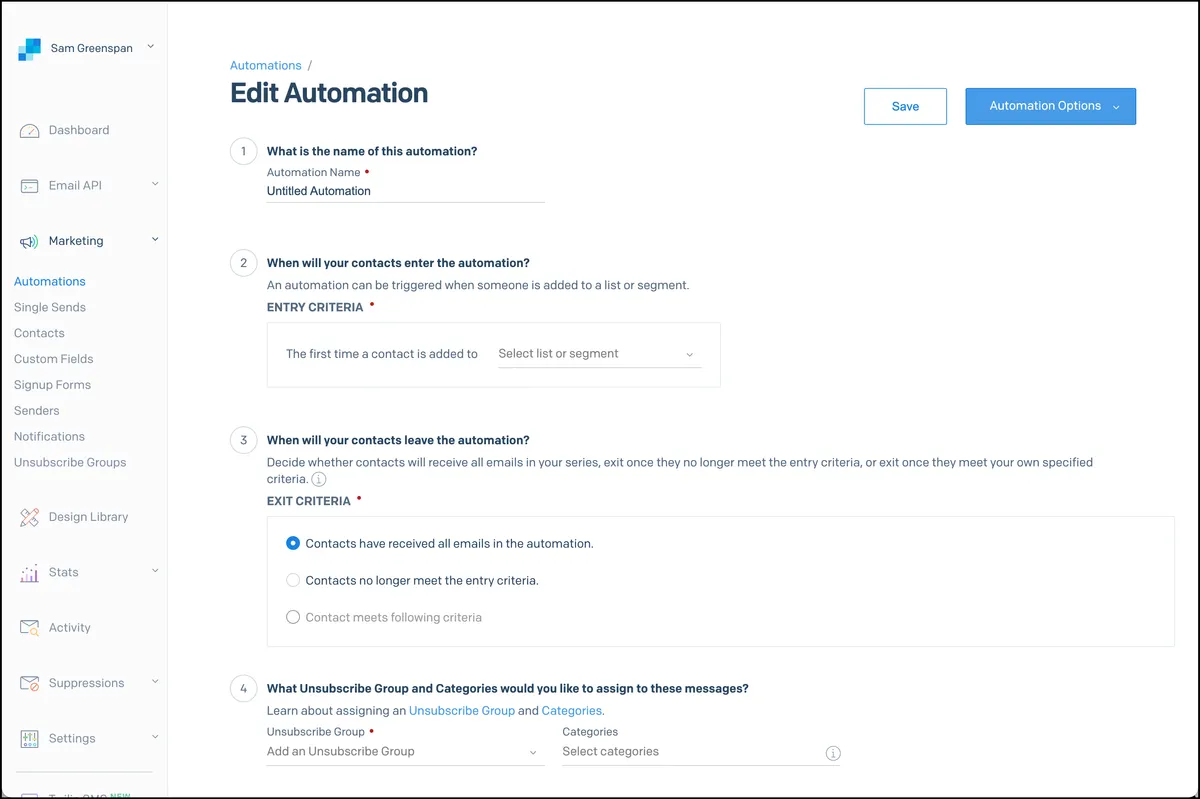 SendGrid dashboard with options