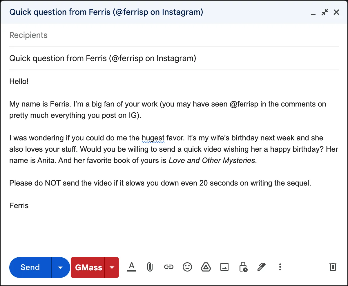 Template for reaching out when you're an active fan