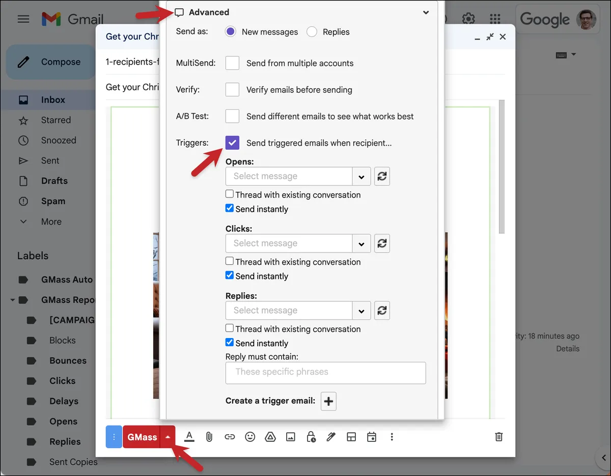 Trigger options in the settings box