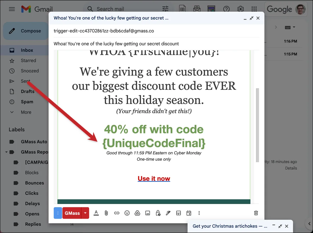 Unique coupon code mail merge
