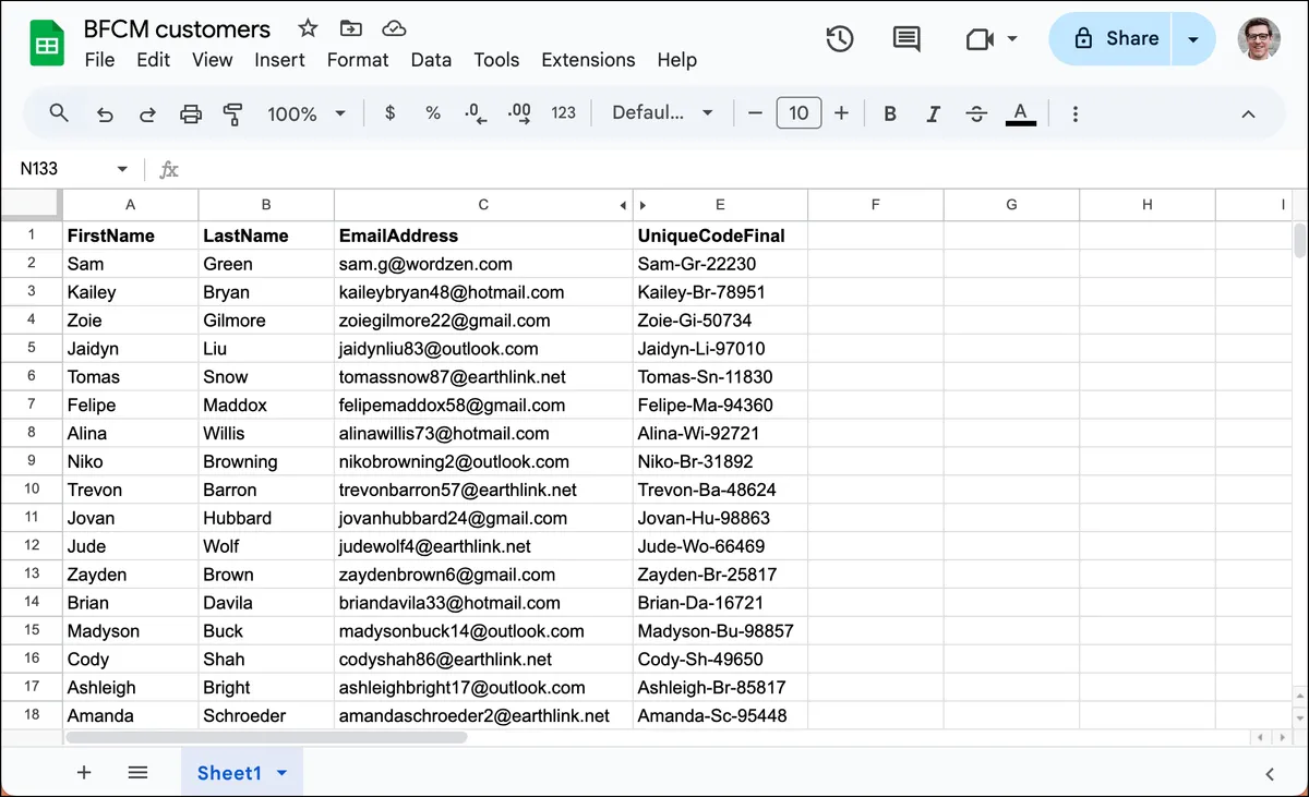My Google Sheet with unique coupon codes