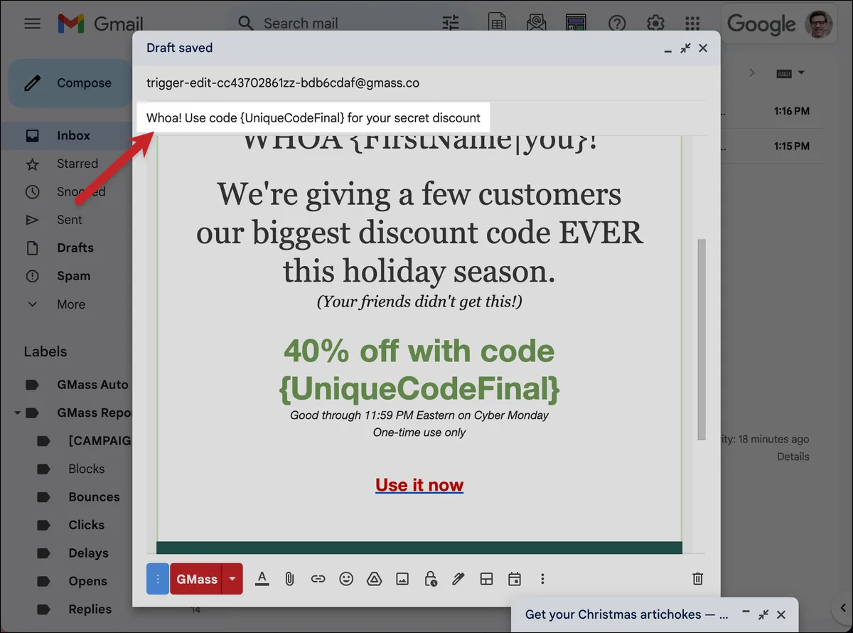 The subject line with the unique code