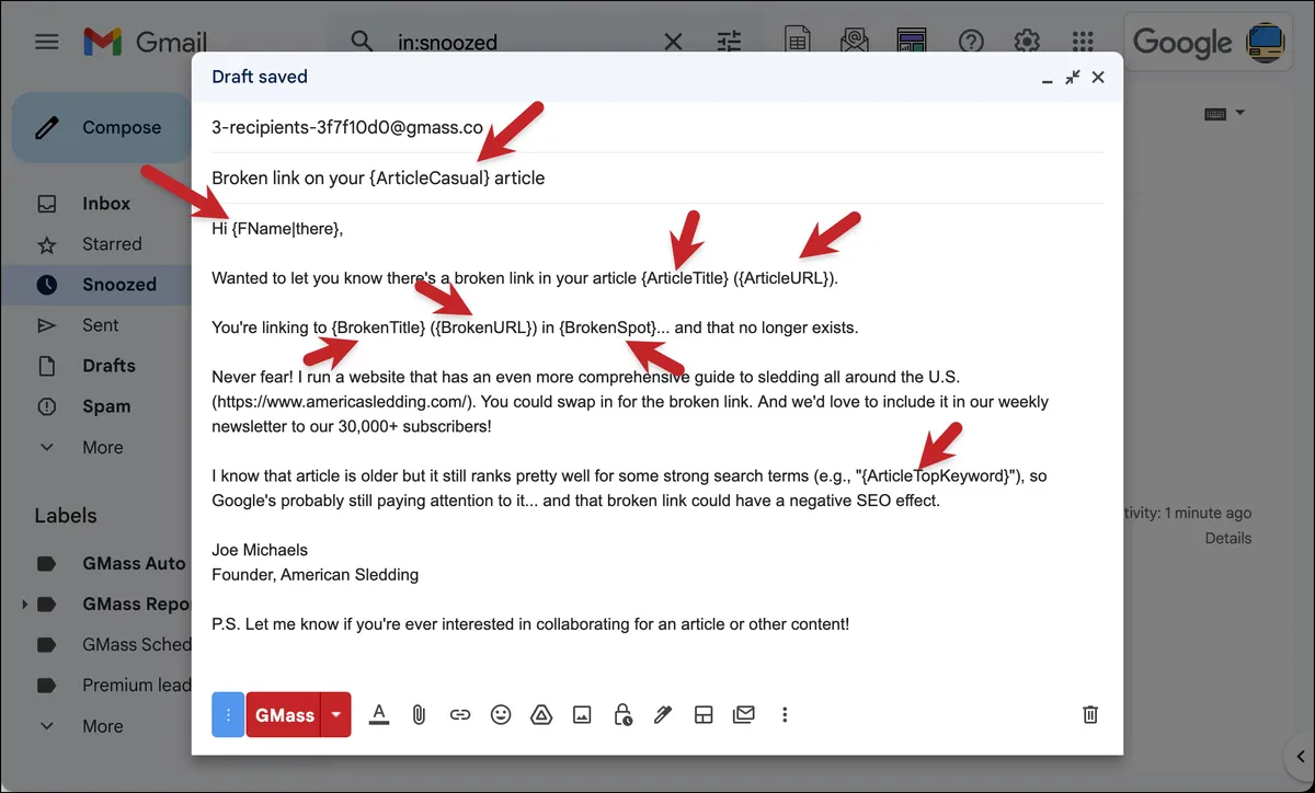 Merge tags integrated throughout the email