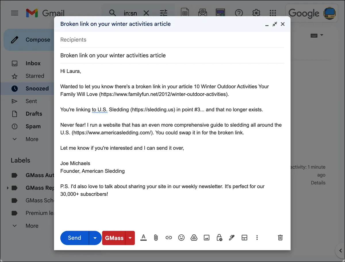 A two-step cold email for broken link building